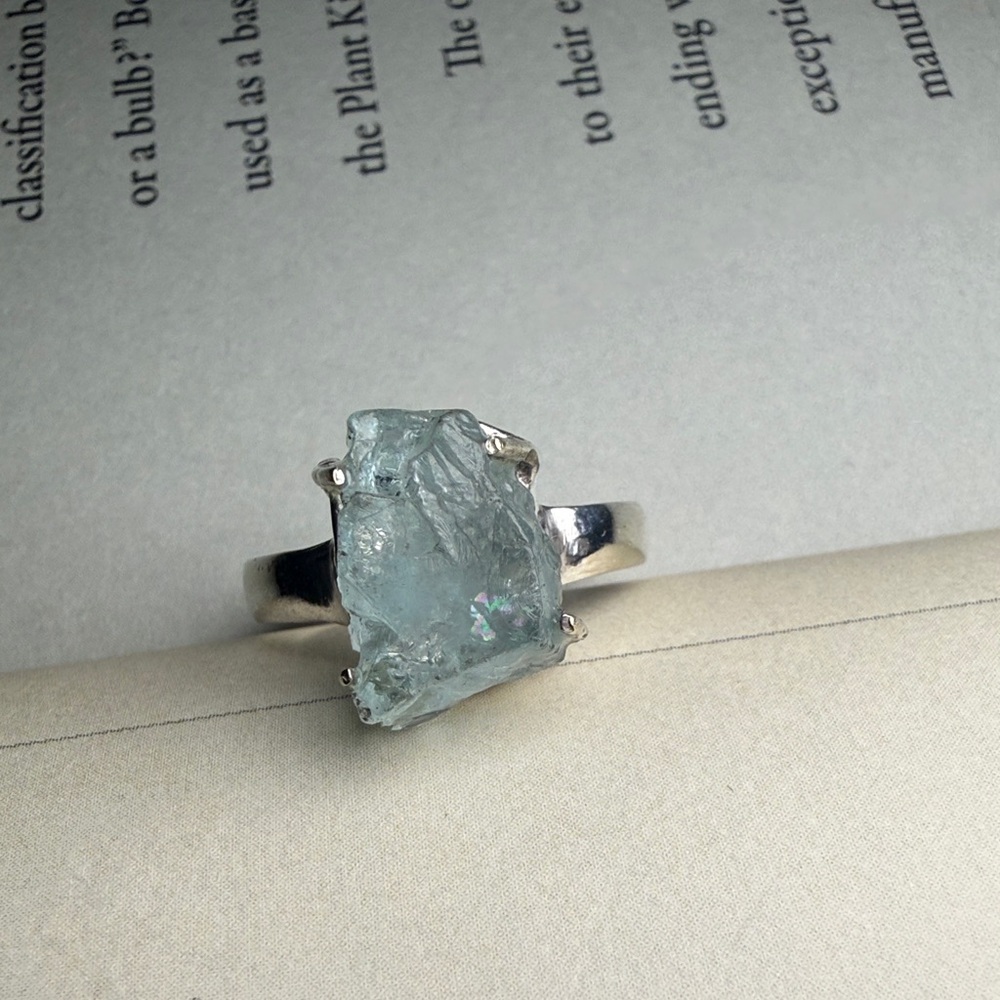 Sterling Rough Aquamarine size 8 silver prong ring